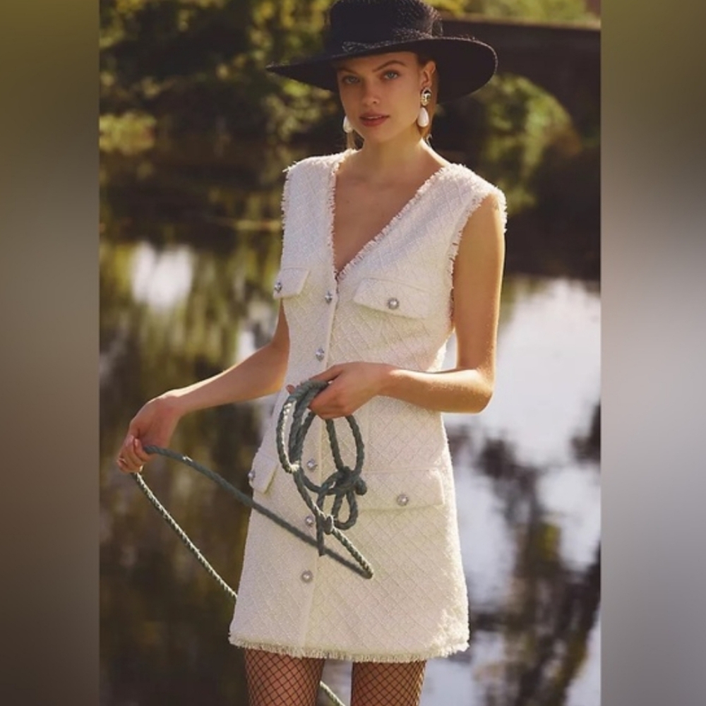 BHLDN Cream Textured Dress with Pearl Accents